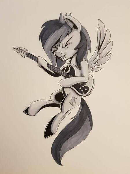 Size: 774x1032 | Tagged: safe, artist:ilicksunshine, derpibooru import, oc, oc:prince whateverer, pegasus, pony, electric guitar, guitar, inktober, inktober 2019, musical instrument, solo, traditional art