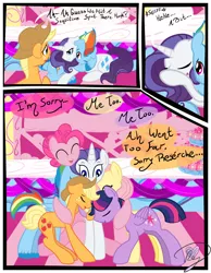 Size: 3500x4500 | Tagged: safe, artist:becauseimpink, derpibooru import, applejack, fluttershy, pinkie pie, rainbow dash, rarity, twilight sparkle, earth pony, pegasus, pony, unicorn, comic:transition, applejack (male), bubble berry, butterscotch, comic, dialogue, dusk shine, elusive, eyes closed, floppy ears, freckles, frown, group hug, hat, hug, male, mane six, rainbow blitz, rule 63, smiling, stallion, transgender