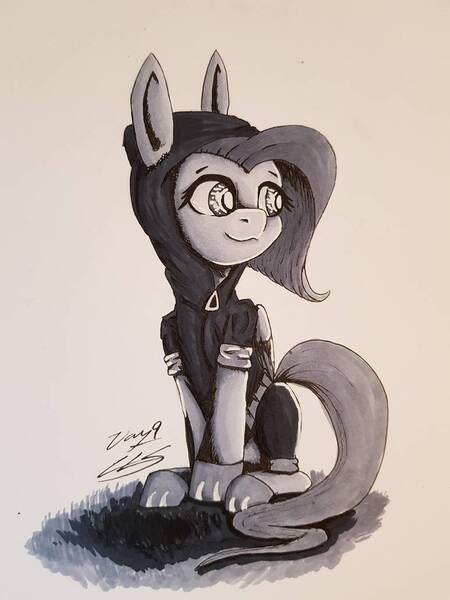 Size: 774x1032 | Tagged: safe, artist:ilicksunshine, derpibooru import, fluttershy, pony, belt, bunny ears, clothes, costume, dangerous mission outfit, goggles, hoodie, inktober, inktober 2019, solo, traditional art