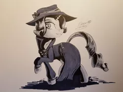 Size: 1032x774 | Tagged: safe, artist:ilicksunshine, derpibooru import, rarity, pony, detective rarity, inktober, inktober 2019, monochrome, solo, traditional art