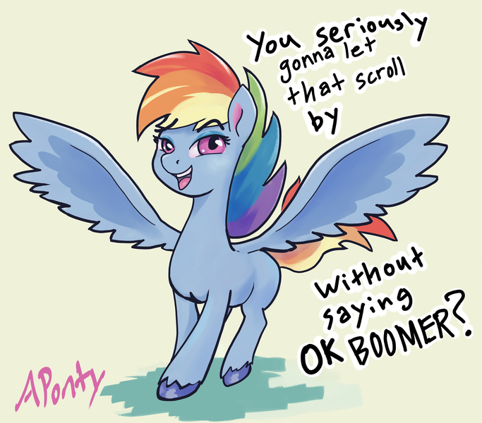 Size: 4662x4097 | Tagged: safe, artist:aponty, deleted from derpibooru, derpibooru import, rainbow dash, pegasus, pony, my little pony: pony life, female, mare, meme, ok boomer, simple background, solo, white background