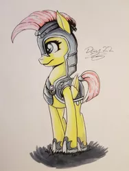 Size: 774x1032 | Tagged: safe, artist:ilicksunshine, derpibooru import, fluttershy, pony, armor, helmet, inktober, inktober 2019, solo, traditional art