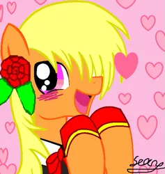 Size: 639x674 | Tagged: safe, artist:avchonline, derpibooru import, oc, oc:sean, unofficial characters only, pegasus, pony, blushing, bust, clothes, femboy, flower, flower in hair, heart, hoof shoes, male, signature, smiling, solo, stallion