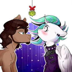 Size: 2000x2000 | Tagged: safe, artist:ilovefraxus, derpibooru import, princess celestia, oc, alicorn, pony, alternate hairstyle, black eyeshadow, black lipstick, canon x oc, choker, christmas, commission, ear piercing, eyeliner, eyeshadow, female, holiday, holly, holly mistaken for mistletoe, lipstick, makeup, mare, piercing, punklestia, signature, simple background, white background, ych result