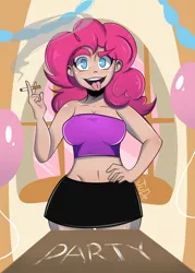 Size: 2000x2800 | Tagged: suggestive, artist:judyfishjude, derpibooru import, pinkie pie, human, .mov, party.mov, :p, breasts, busty pinkie pie, cigarette, clothes, cocaine, drugs, humanized, junkie pie, looking at you, midriff, miniskirt, pantyhose, party, pony.mov, skirt, solo, tongue out
