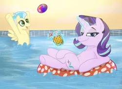 Size: 1125x825 | Tagged: safe, artist:rabbitasaur, derpibooru import, starlight glimmer, pony, ball, canada, inflatable tube, smug, smuglight glimmer, swimming pool, vanhoover, vanhoover pony expo 2020, water