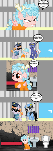Size: 1366x3910 | Tagged: safe, artist:cheezedoodle96, artist:hendro107, artist:kayman13, artist:sinkbon, artist:troyjr24, derpibooru import, edit, vector edit, copper top, cozy glow, oc, oc:blue fuzz, oc:piptony, pegasus, pony, angry, bars, bed, cell, clothes, comic, cozy glow is not amused, cozybuse, door, female, filly, glasses, hallway, krabby road, night, police, police officer, police uniform, prison, prison outfit, sad, sink, speech bubble, spongebob squarepants, sunglasses, toilet, vector, window