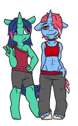 Size: 2616x4200 | Tagged: safe, artist:sexygoatgod, derpibooru import, oc, oc:kasumi, oc:obsidian, unofficial characters only, anthro, unguligrade anthro, unicorn, choker, crossdressing, duo, femboy, horn, male, peace sign, simple background, smiling, unicorn oc, unshorn fetlocks, white background