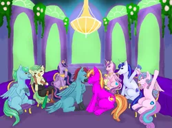 Size: 1035x776 | Tagged: safe, artist:piccolavolpe, derpibooru import, captain celaeno, princess cadance, princess flurry heart, princess twilight 2.0, shining armor, twilight sparkle, twilight sparkle (alicorn), oc, oc:azure glide, oc:iron wingheart, oc:quasar(wingman), alicorn, bird, hybrid, parrot, pegasus, pony, unicorn, my little pony: the movie, the last problem, azurlaeno, canon x oc, cheering, clapping, commission, dining room, dining table, engagement, engagement ring, family, female, forehead touch, gay, horn, horn ring, interspecies offspring, love, male, mare, marriage proposal, mother and father, oc x oc, offspring, older, older flurry heart, parent:captain celaeno, parent:oc:azure glide, parents:azurlaeno, parents:canon x oc, ring, shipping, smiling, stallion