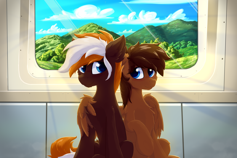 Size: 3000x2000 | Tagged: safe, artist:oblique, deleted from derpibooru, derpibooru import, oc, oc:wiley waves, earth pony, pegasus, pony, blushing, blushing profusely, chest fluff, cute, food, gay, hug, image, love, male, metro, mountain, mountain range, oc x oc, png, shipping, sitting, smiling, stallion, subway, train, winghug, wings, xouple