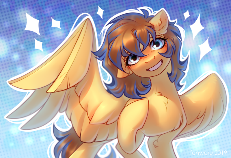 Size: 1280x873 | Tagged: safe, artist:fenwaru, derpibooru import, oc, unofficial characters only, pegasus, pony, abstract background, blushing, chest fluff, ear fluff, female, floppy ears, hoof on chest, leg fluff, looking at you, mare, outline, smiling, solo, spread wings, wings