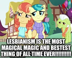 Size: 554x448 | Tagged: aunt holiday, auntie lofty, caption, cropped, derpibooru import, duo focus, edit, edited screencap, editor:useraccount, excessive exclamation marks, female, granny smith, holding hooves, image macro, lesbian, lofty day, safe, screencap, shipping, snap shutter, text, the last crusade