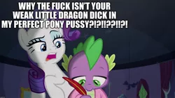 Size: 1920x1080 | Tagged: suggestive, derpibooru import, edit, edited screencap, editor:useraccount, screencap, rarity, spike, dragon, pony, unicorn, dragon dropped, caption, clothes, excessive exclamation marks, female, image macro, implied sex, male, mare, quill, robe, shipping, sparity, straight, text, vulgar