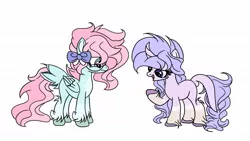 Size: 1192x670 | Tagged: safe, artist:bezziie, derpibooru import, oc, oc:strawberry pie, oc:violet, classical unicorn, pegasus, pony, unicorn, bandaid, bow, cloven hooves, curved horn, glasses, horn, leonine tail, simple background, tail feathers, unshorn fetlocks, white background