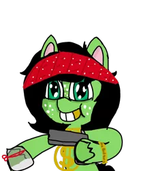 Size: 1440x1742 | Tagged: safe, artist:scotch, derpibooru import, oc, oc:anonfilly, pony, my little pony: pony life, bandana, chest fluff, cocaine, drugs, female, filly, gangsta, gold chains, gold tooth, gun, racism, smiling, weapon