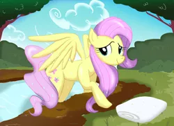 Size: 3509x2550 | Tagged: safe, artist:neoshrek, derpibooru import, fluttershy, pegasus, pony, female, looking at you, mare, outdoors, river, smiling, solo, spread wings, three quarter view, towel, water, wet, wings