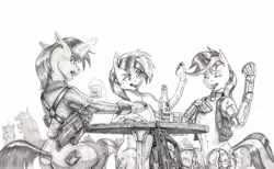 Size: 1600x986 | Tagged: safe, artist:baron engel, derpibooru import, oc, oc:blackjack, oc:cinnamon cider, oc:littlepip, cyborg, pony, unicorn, fallout equestria, fallout equestria: project horizons, fanfic, amputee, augmented, bar, bottle, butt, clothes, collar, colored hooves, cyber legs, eyes closed, fanfic art, female, glowing horn, grayscale, gun, handgun, hooves, horn, levitation, little macintosh, magic, mare, monochrome, pencil drawing, pipbuck, plot, prosthetic leg, prosthetic limb, prosthetics, revolver, simple background, sitting, table, telekinesis, traditional art, vault suit, weapon, white background