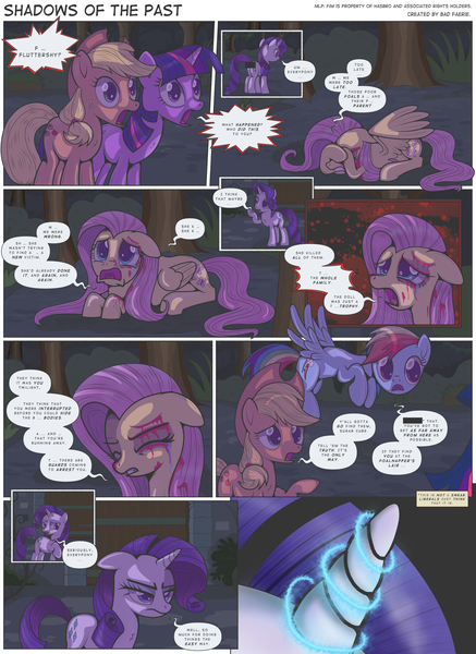 Size: 2250x3087 | Tagged: semi-grimdark, artist:perfectblue97, derpibooru import, applejack, fluttershy, rainbow dash, rarity, twilight sparkle, changeling, earth pony, pegasus, pony, unicorn, comic:shadows of the past, blood, censor bar, censored, comic, crying, disguise, disguised changeling, door, everfree forest, female, glowing horn, horn, implied death, injured, magic, mare, unicorn twilight, unnecessary censorship