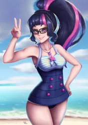 Size: 777x1100 | Tagged: safe, artist:the-park, derpibooru import, sci-twi, twilight sparkle, equestria girls, adorasexy, armpits, attached skirt, beach, beach babe, blue swimsuit, clothes, cloud, cute, female, geode of telekinesis, glasses, human coloration, looking at you, magical geodes, ocean, one-piece swimsuit, peace sign, sexy, skirt, sky, smiling, solo, striped swimsuit, swimsuit, tricolor swimsuit, twiabetes