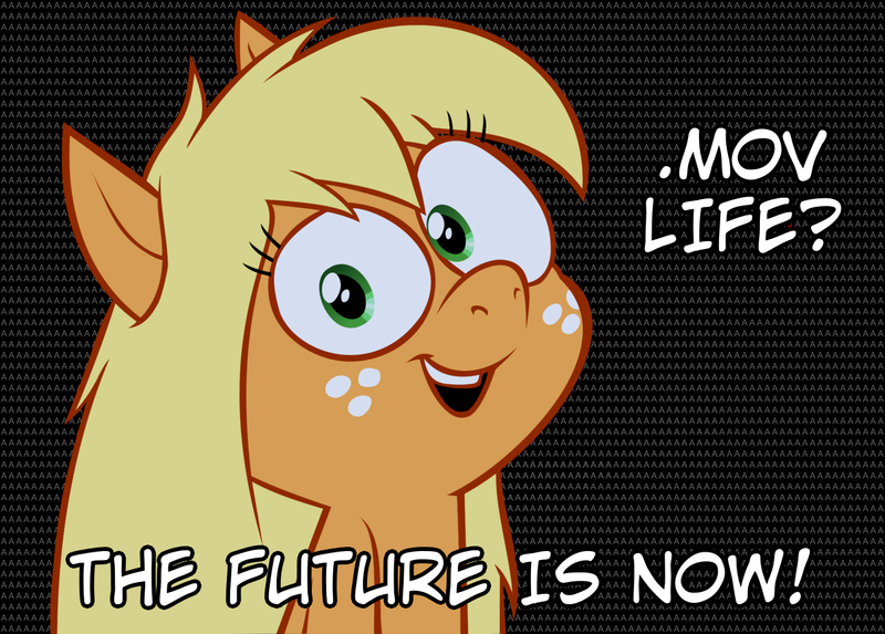 Size: 1280x917 | Tagged: safe, artist:hotdiggedydemon, derpibooru import, edit, applejack, earth pony, pony, .mov, apple.mov, my little pony: pony life, aaaaaaaaaa, bust, female, hatless, head tilt, jappleack, looking at you, mare, missing accessory, open mouth, portrait, smiling, solo