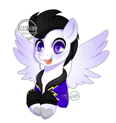 Size: 850x900 | Tagged: safe, artist:thanhvy15599, derpibooru import, oc, oc:pipe dream, unofficial characters only, pegasus, pony, animated, black hair, blinking, clothes, commission, commission open, cute, gif, happy, jacket, male, open mouth, pegasus oc, purple eyes, shadowbolts, simple background, smiling, solo, white background, wings, your character here