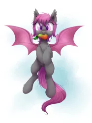 Size: 1455x1948 | Tagged: safe, artist:confetticakez, derpibooru import, oc, oc:fruitful melody, bat pony, pony, cute, cute little fangs, eating, fangs, female, flying, food, fruit, herbivore, looking at you, mango, mare, mouth hold, ocbetes, request, simple background, solo, spread wings, wings