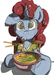 Size: 1000x1385 | Tagged: safe, artist:korafuro, derpibooru import, oc, oc:kiara herbst, unofficial characters only, pony, unicorn, clothes, comfort eating, eating, female, food, looking at you, noodles, ramen, simple background, sketch, solo, white background