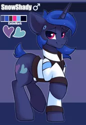 Size: 1100x1600 | Tagged: safe, artist:shadowreindeer, derpibooru import, oc, oc:snowshady, unofficial characters only, android, pony, robot, unicorn, abstract background, clothes, color palette, cosplay, costume, detroit: become human, ear fluff, jacket, looking at you, male, reference sheet, rk900, solo, stallion