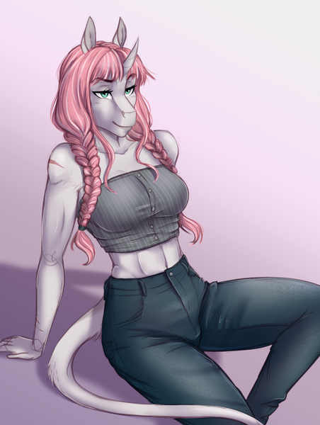 Size: 1789x2376 | Tagged: safe, artist:askbubblelee, derpibooru import, oc, oc:rosie quartz, unofficial characters only, anthro, unguligrade anthro, unicorn, abs, anthro oc, athletic, belly button, biceps, braid, digital art, female, fit, hair braid, hair braiding, leonine tail, long hair, long mane, mare, midriff, scar, sitting, smiling, solo, toned, toned female