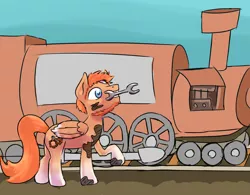 Size: 2000x1563 | Tagged: safe, artist:fluor1te, derpibooru import, oc, oc:geartrain, unofficial characters only, pegasus, pony, locomotive, looking up, male, motor oil, oil, raised hoof, side view, solo, stain, stallion, train, train tracks, wrench