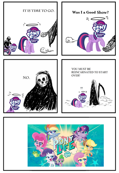 Size: 2000x2916 | Tagged: safe, derpibooru import, edit, screencap, applejack, fluttershy, gummy, pinkie pie, rainbow dash, rarity, spike, twilight sparkle, alicorn, earth pony, pegasus, pony, unicorn, my little pony: pony life, bone, comic, grim reaper, it's time to go, meme, reincarnation, simple background, skeleton