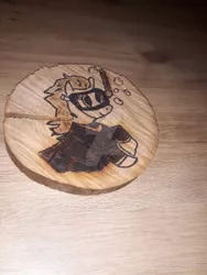 Size: 774x1032 | Tagged: safe, artist:akififi, derpibooru import, oc, oc:sea glow, pony, photo, pyrography, scuba mask, snorkel, solo, traditional art, wood