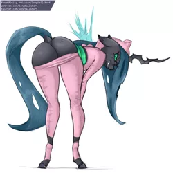 Size: 1024x1024 | Tagged: anthro, artist:longtailshort, ass, bugbutt, butt, changeling, changeling queen, clothes, costume, derpibooru import, dock, female, kigurumi, mooning, pants, queen chrysalis, solo, solo female, stupid sexy chrysalis, suggestive, yoga pants