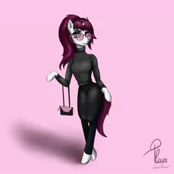 Size: 2048x2048 | Tagged: safe, artist:shanadessaint, derpibooru import, oc, oc:plava, anthro, pony, unicorn, chic, clothes, cute, green eyes, long hair, long mane, long tail, original character do not steal, pink, pinkbackground, plava, solo, sunglasses, sweet, wearing human clothes