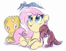 Size: 2787x2160 | Tagged: safe, artist:littleblackraencloud, derpibooru import, fluttershy, dinosaur, pegasus, pony, pteranodon, pterosaur, triceratops, tyrannosaurus rex, cute, female, high res, mare, open mouth, prone, shyabetes, simple background, solo, white background