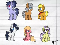 Size: 686x509 | Tagged: safe, artist:graciegirl328, derpibooru import, oc, oc:applebuck, oc:marigold, oc:nova bright, oc:obsidian, oc:panini, oc:storm front, earth pony, pegasus, pony, unicorn, blank flank, colt, female, filly, lined paper, male, next generation, no pupils, offspring, parent:applejack, parent:big macintosh, parent:caramel, parent:cheese sandwich, parent:fancypants, parent:flash sentry, parent:fluttershy, parent:pinkie pie, parent:rainbow dash, parent:rarity, parent:soarin', parent:twilight sparkle, parents:carajack, parents:cheesepie, parents:flashlight, parents:fluttermac, parents:raripants, parents:soarindash