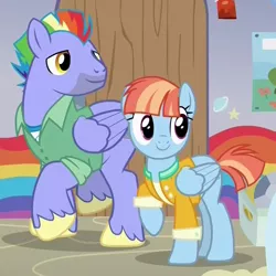 Size: 740x740 | Tagged: safe, derpibooru import, screencap, bow hothoof, windy whistles, pegasus, pony, parental glideance, beard, beautiful, clothes, cropped, duo, facial hair, female, folded wings, husband and wife, male, mare, married couple, mohawk, rainbow dash's parents, smiling, stallion, unshorn fetlocks, wings