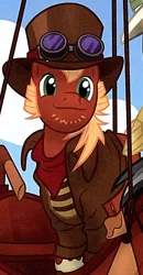 Size: 294x566 | Tagged: safe, derpibooru import, brumby cloverpatch, earth pony, pony, daring do adventure collection, daring do and the forbidden city of clouds, book, clothes, goggles, hat, male, solo, stallion