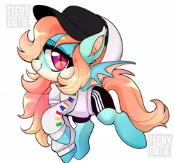 Size: 1313x1224 | Tagged: safe, artist:techycutie, derpibooru import, oc, oc:sweet riot, unofficial characters only, bat pony, pony, bat pony oc, bat wings, clothes, cute, fangs, female, hat, hoodie, mare, slit pupils, solo, spats, wings