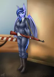 Size: 2400x3400 | Tagged: alicorn, anthro, artist:catd-nsfw, asphalt, bat wings, bored, clothes, commission, derpibooru import, gloves, looking forward, m1 garand, necktie, oc, oc:gloom spectrum, outpost, post, safe, solo, uniform, weapon, wings, ych result