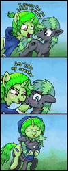 Size: 1324x3320 | Tagged: safe, artist:wellfugzee, derpibooru import, oc, oc:bitter pill, oc:razzle, unofficial characters only, earth pony, pony, unicorn, pony town, blushing, clothes, comic, cute, cutie mark, female, freckles, hoodie, imminent snuggles, male, mare, ponies riding ponies, ponytail, riding, shared clothing, smiling, stallion, sweater