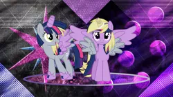 Size: 3840x2160 | Tagged: safe, artist:geometrymathalgebra, artist:laszlvfx, derpibooru import, edit, derpy hooves, twilight sparkle, twilight sparkle (alicorn), alicorn, pony, clothes, cosplay, costume, duo, female, mare, wallpaper, wallpaper edit