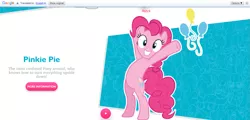 Size: 1439x688 | Tagged: safe, derpibooru import, official, pinkie pie, earth pony, pony, balloon, bipedal, cutie mark, excited, fail, female, google, google translate, grin, happy, hasbro, looking at you, mare, smiling, solo, translation, translation fail, underhoof, website