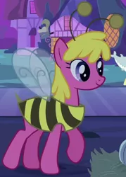 Size: 418x583 | Tagged: safe, derpibooru import, screencap, cherry berry, earth pony, pony, luna eclipsed, animal costume, bee costume, cherry bee, clothes, costume, cropped, female, image, mare, nightmare night, nightmare night costume, one hoof raised, png, smiling, solo focus