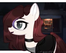 Size: 3600x2888 | Tagged: safe, artist:rerorir, derpibooru import, oc, oc:cut crease, unofficial characters only, earth pony, pony, choker, clothes, female, freckles, jacket, leather jacket, lip piercing, lipstick, mare, mascara, night, piercing, shirt, solo, t-shirt