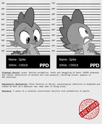 Size: 813x983 | Tagged: abuse, artist:dan232323, crime, derpibooru import, dragon, grayscale, hilarious in hindsight, implied arson, implied shipping, implied sparity, implied straight, implied theft, meta, monochrome, mugshot, my little criminal records, semi-grimdark, shocked, spike, spikeabuse