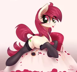 Size: 4131x3845 | Tagged: safe, artist:nevobaster, derpibooru import, roseluck, earth pony, pony, :p, abstract background, adorasexy, blushing, clothes, cute, cuteluck, daaaaaaaaaaaw, diabetes, eye clipping through hair, female, flower, looking at you, lying, makeup, mare, mascara, mirror, nevobaster is trying to murder us, pillow, purse, rose, sexy, simple background, smiling, socks, solo, stockings, tail wrap, thigh highs, tongue out, white background