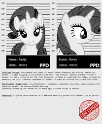 Size: 813x983 | Tagged: suggestive, artist:dan232323, derpibooru import, rarity, pony, unicorn, abuse, bedroom eyes, bribery, crime, grayscale, implied theft, monochrome, mugshot, my little criminal records, ocd, raribuse, seduction, tax evasion, text, we don't normally wear clothes