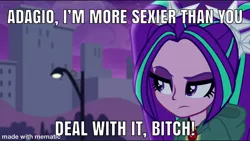 Size: 1334x750 | Tagged: safe, derpibooru import, edit, edited screencap, screencap, aria blaze, human, equestria girls, rainbow rocks, annoyed, bitch, caption, clothes, grammar error, hoodie, implied adagio dazzle, meme, solo, this is for emphasis bitch, vulgar