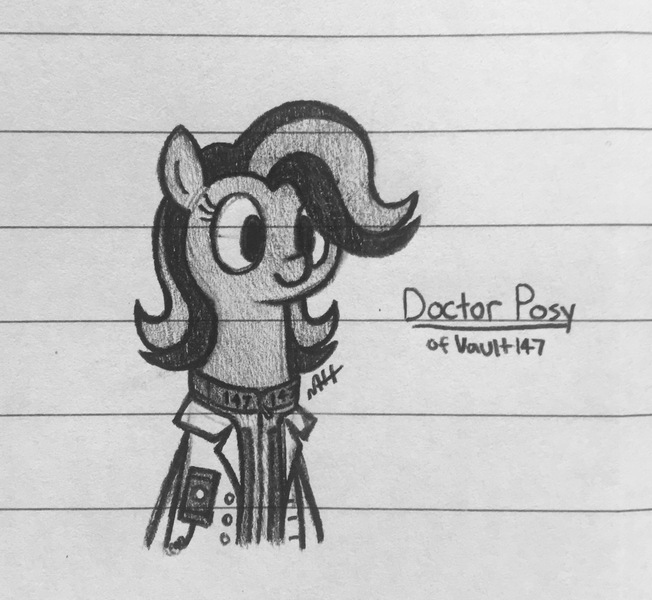 Size: 2048x1884 | Tagged: safe, artist:modocrisma, derpibooru import, oc, oc:posy petals, unofficial characters only, earth pony, pony, fallout equestria, fanfic, fanfic:vault 147, alternate universe, au:v147, clothes, doctor, doodle, fallout, fanfic art, female, lab coat, lined paper, mare, monochrome, pencil drawing, photo, smiling, solo, traditional art, vault suit, watermark